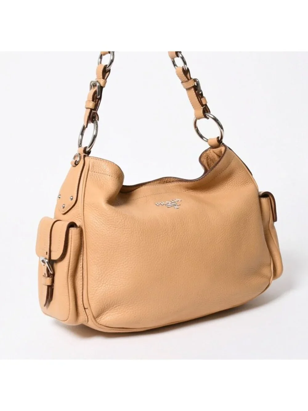 Prada Hobo Handbag Logo Jacquard Canvas Silver Beige